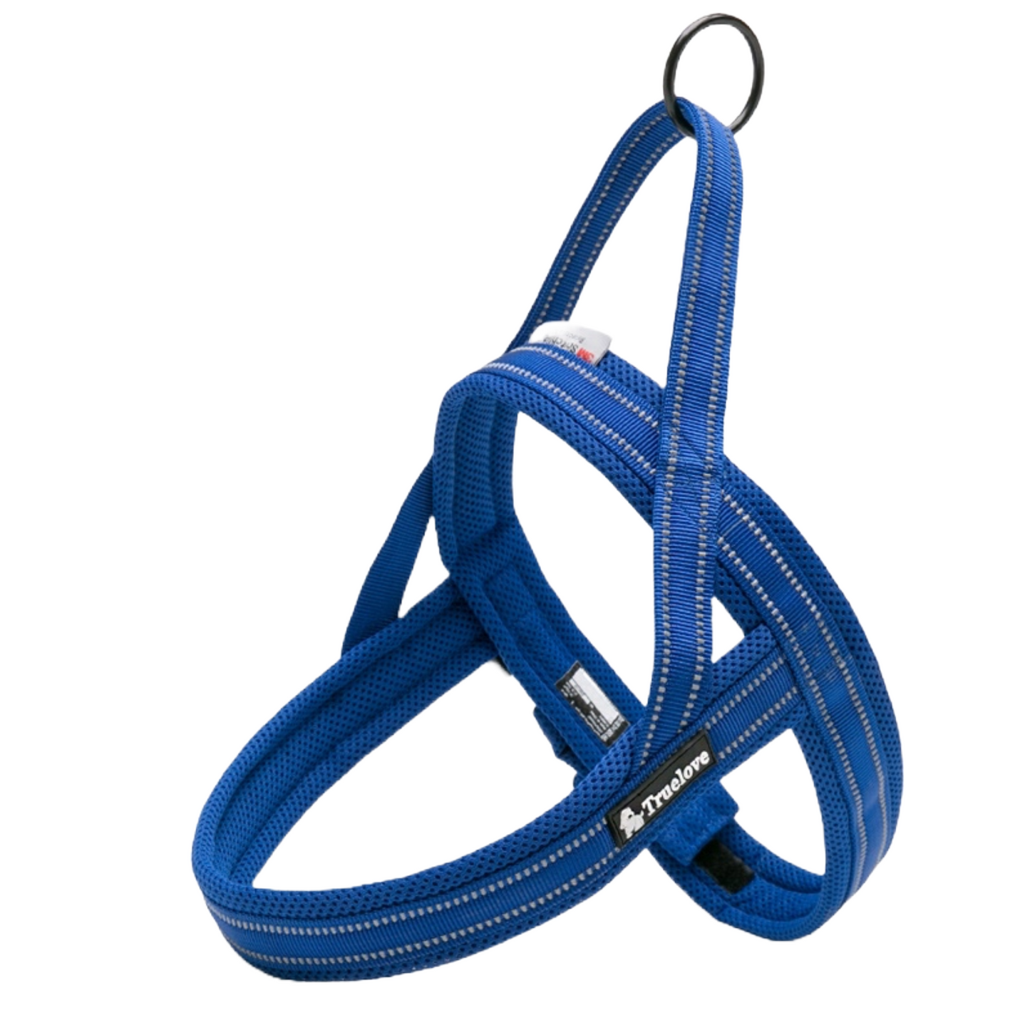 One buckle, soft and padded harness with light reflective stitching.